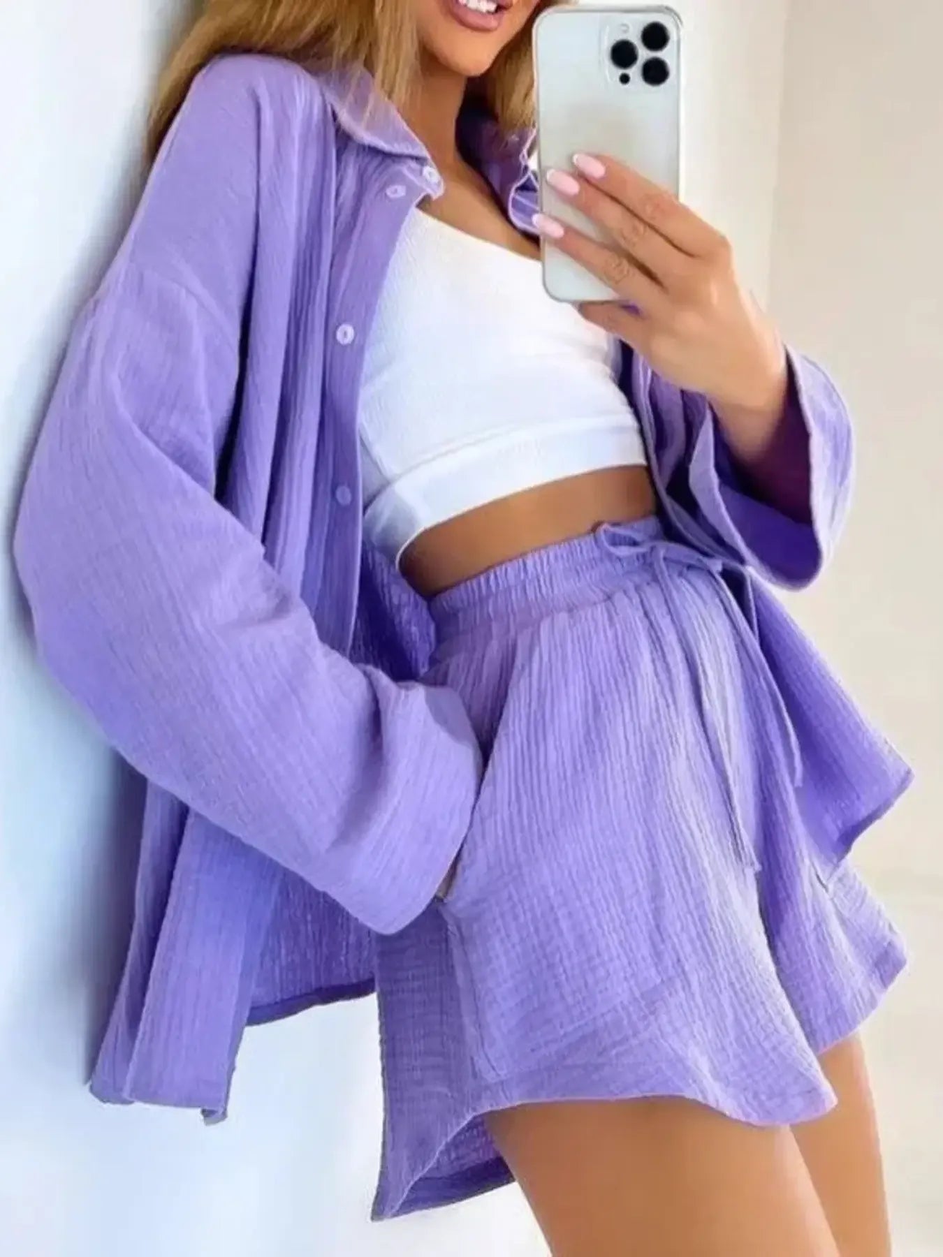 Texture Button Up Shirt and Shorts Set - Tigbul's Variety Fashion Shop