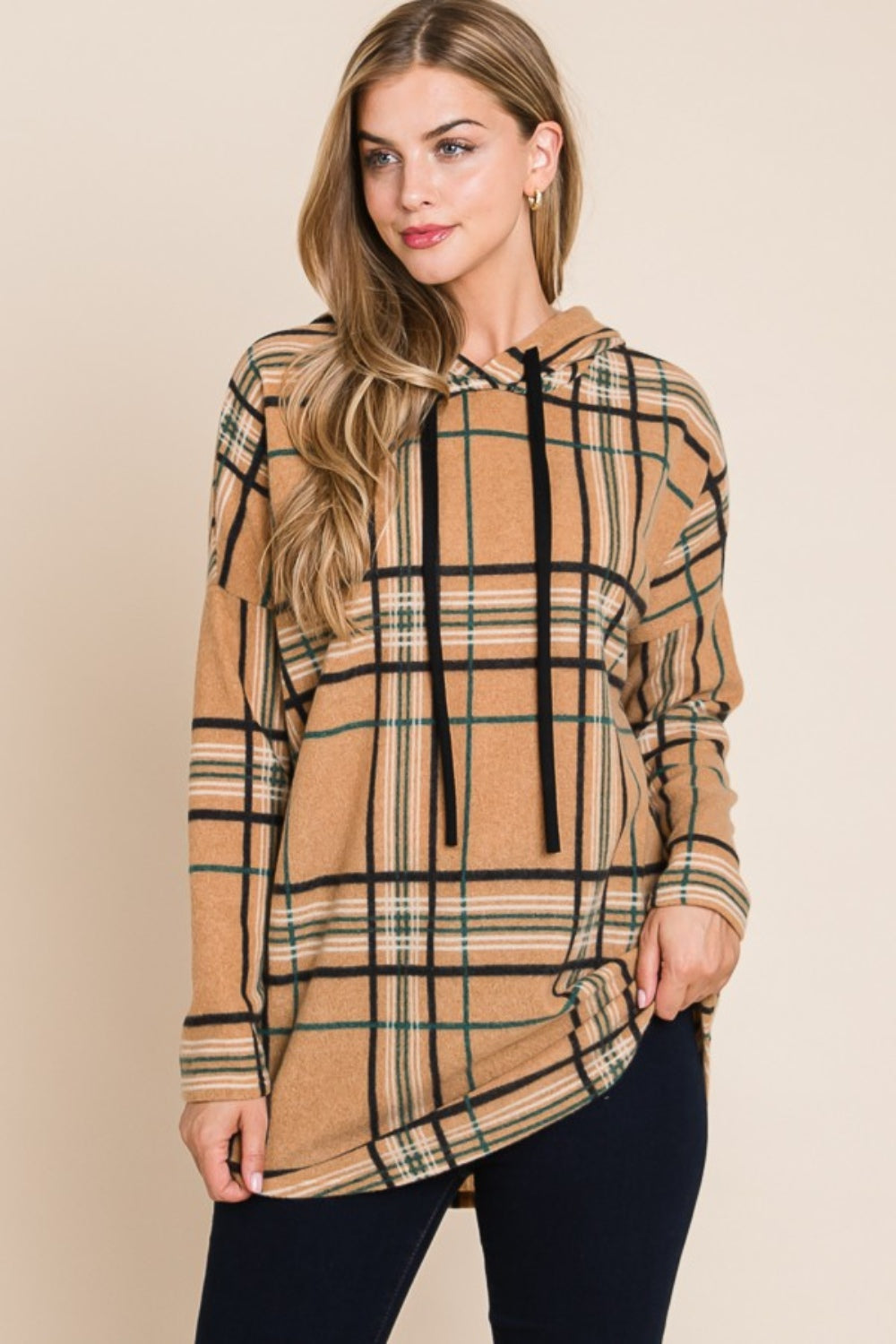 Plaid Long Sleeve Hoodie in Taupe - Tigbul's Variety Fashion Shop