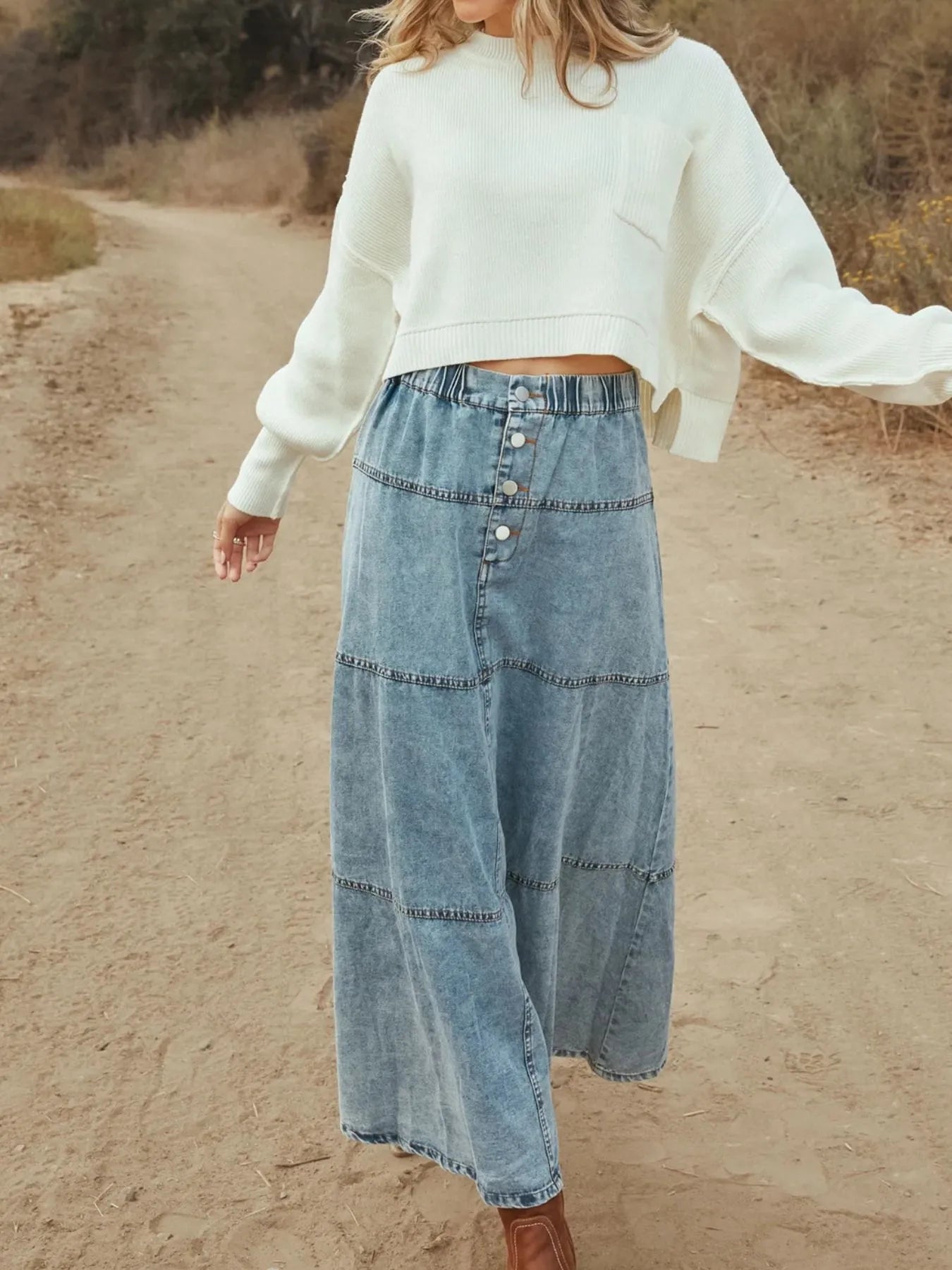 Button-Front Tiered Maxi Denim Skirt - Tigbul's Variety Fashion Shop