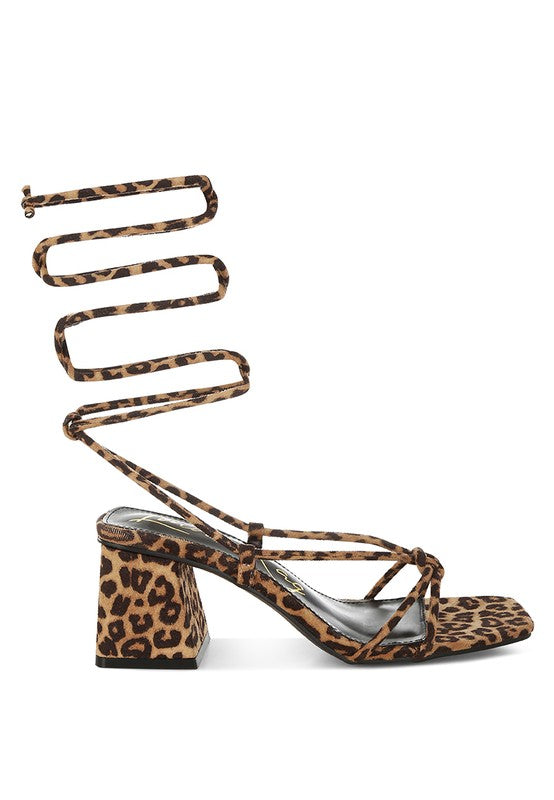 Leopard print square-toe heeled sandal with ankle wrap laces and chunky block heel