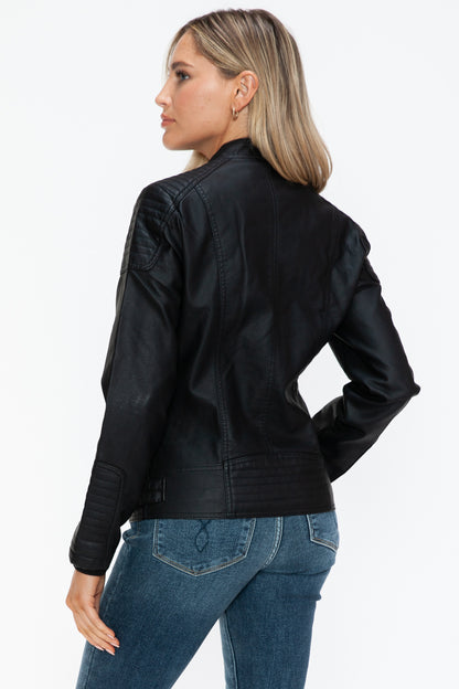 Black Faux Leather Biker Jacket with Side Zip Pockets