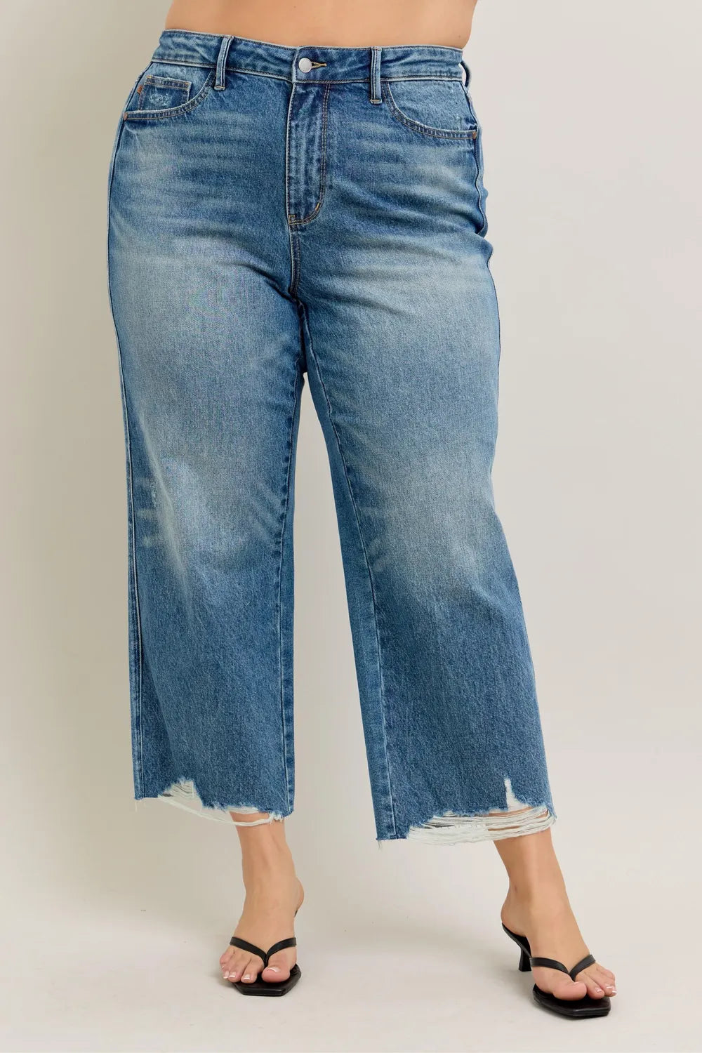 Judy Blue Plus Size High Waist Rigid Magic Destroy Hem Crop Wide - Tigbul's Variety Fashion Shop