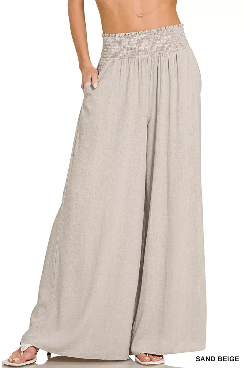 Zenana wide-leg lounge pants, sand beige and elastic waistband