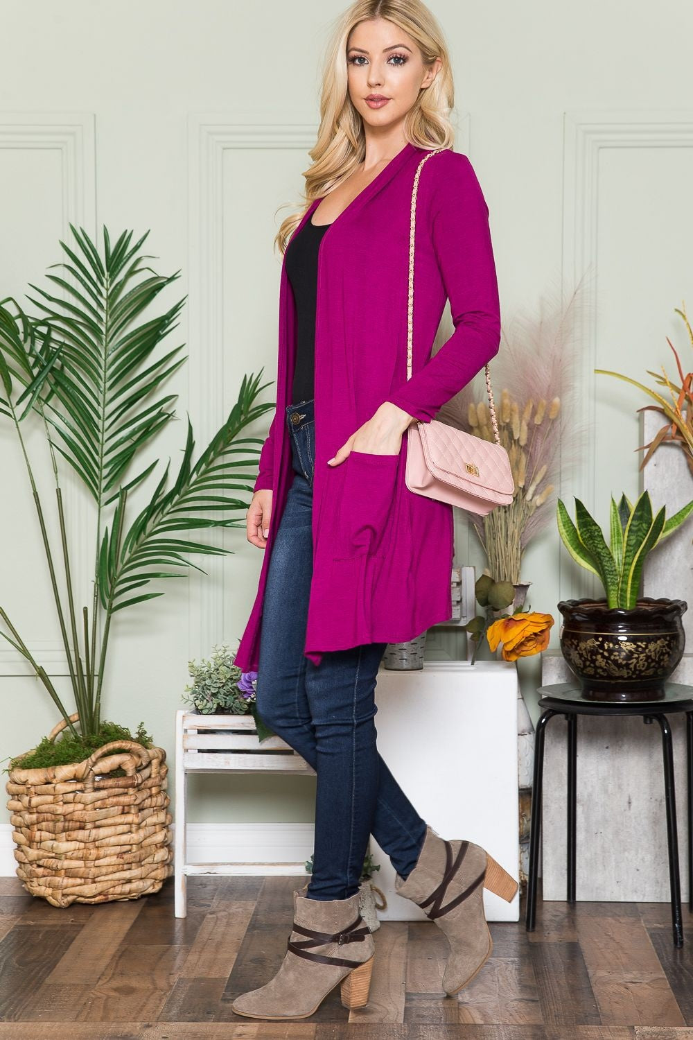 Magenta Open Front Cardigan with Pockets - Tigbul's Variety Fashion Shop