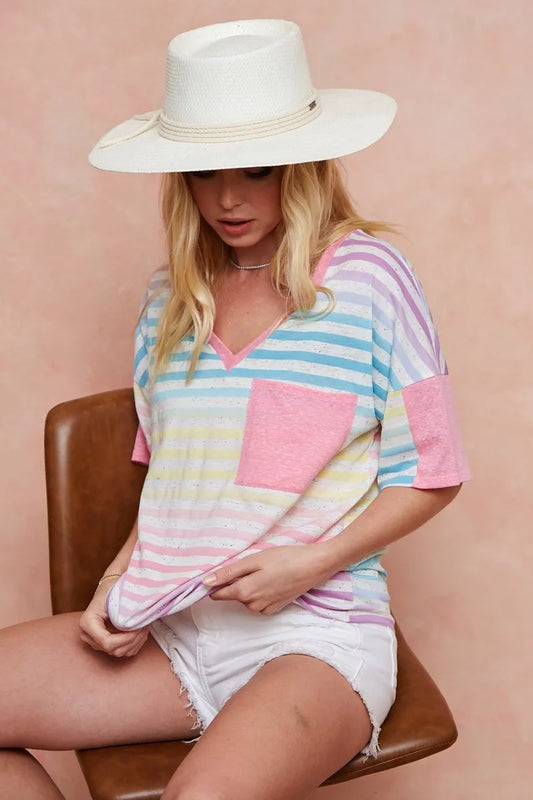 Rainbow Stripe Printed Triblend Knit Top - Tigbul's Variety Fashion Shop