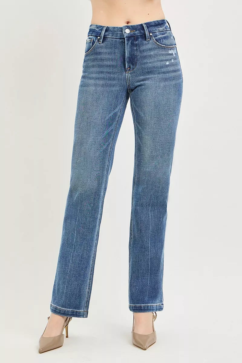RISEN medium-wash mid-rise straight jeans with crease line and button-zip front
