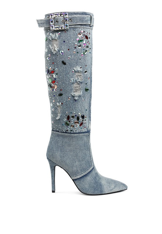 Cornik Multi Color Stones Denim Boots - Tigbul's Variety Fashion Shop