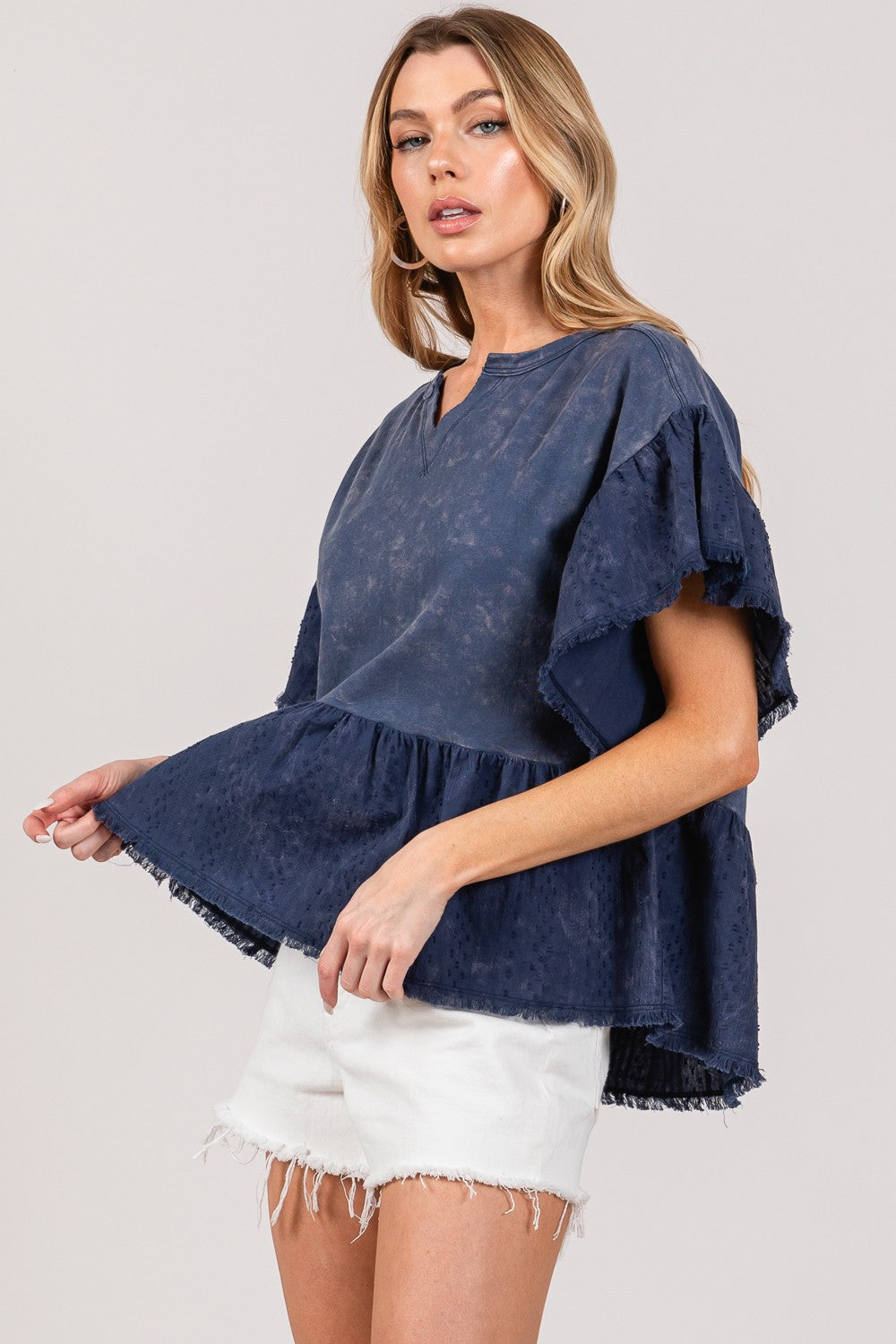 SAGE + FIG Ruffle Sleeve Washed Short Sleeve Blouse - Tigbul's Variety Fashion Shop