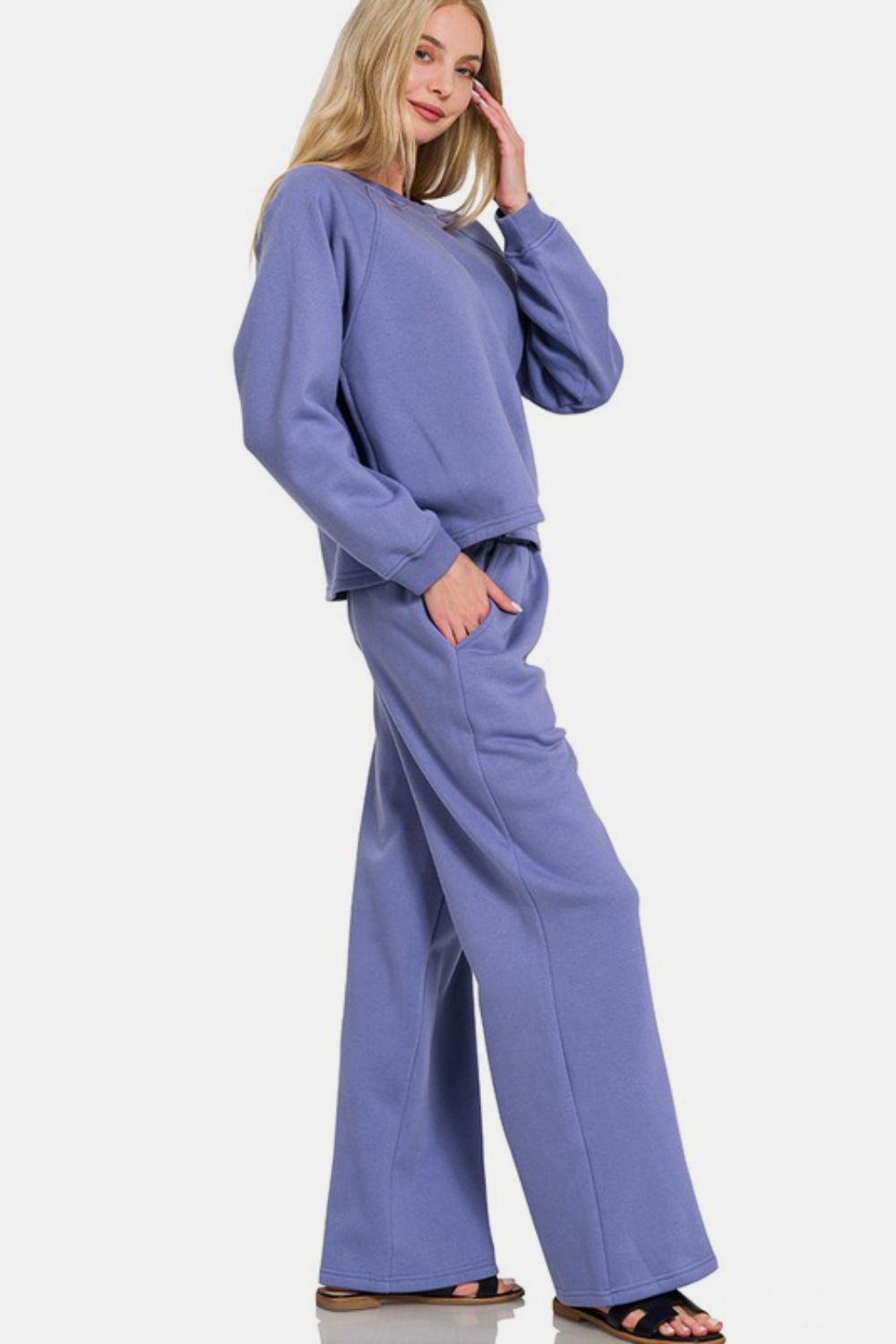 Dusty Blue Round Neck Raglan Sleeve Top and Elastic Waist Pants Set - Tigbul's Variety Fashion Shop