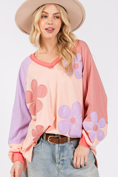 Daisy Applique Patch Color Block Long Sleeve Top - Tigbul's Variety Fashion Shop