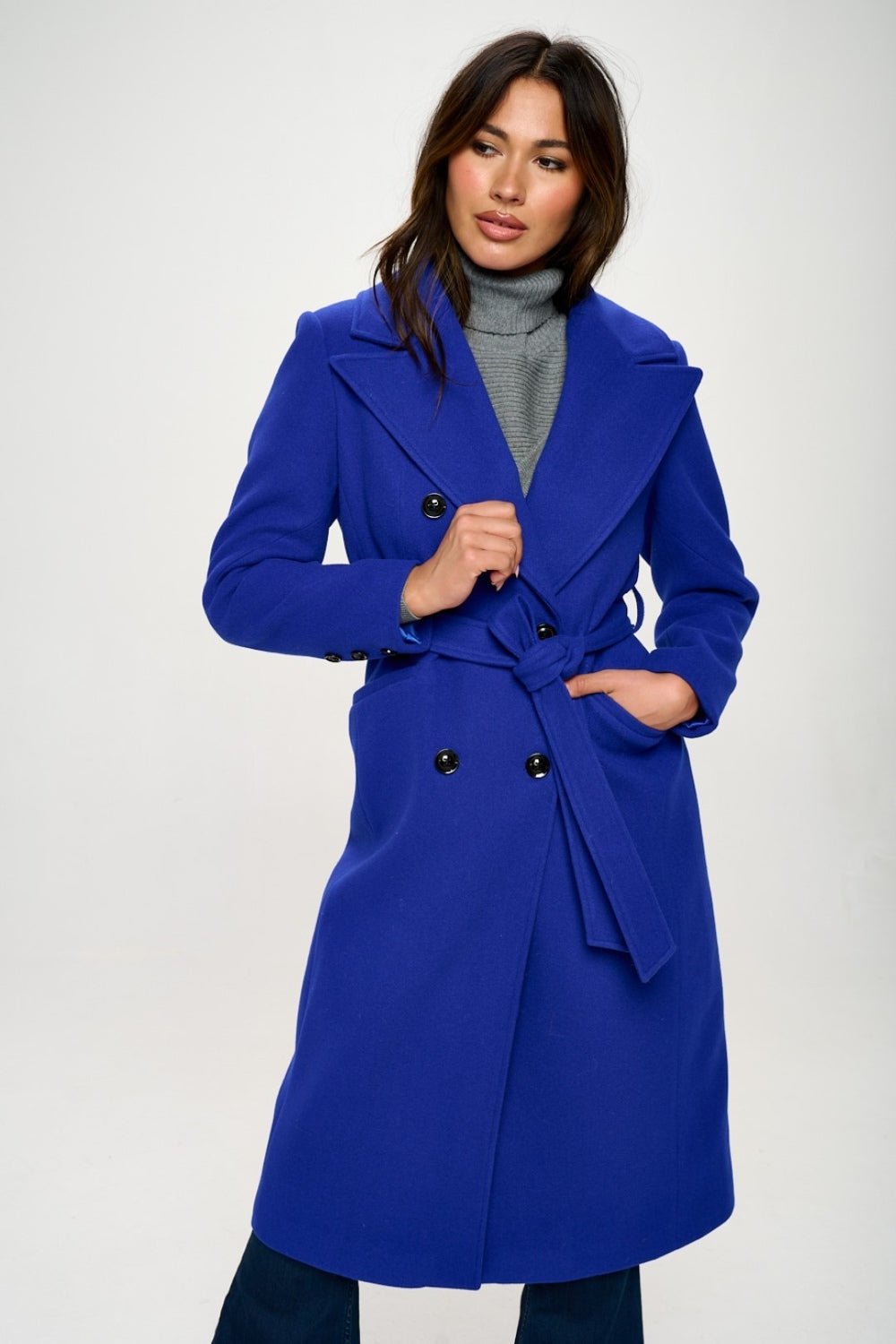 Royal Blue Double-Breasted Longline Coat with Belt - Tigbul's Variety Fashion Shop