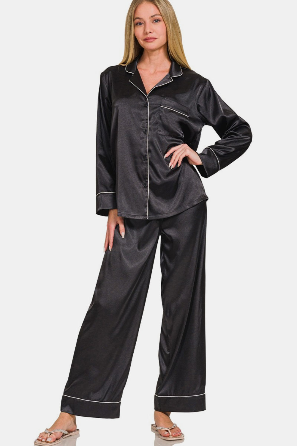 Zenana Satin Long Sleeve Shirt and Pants Pajama Set - Tigbul's Variety Fashion Shop