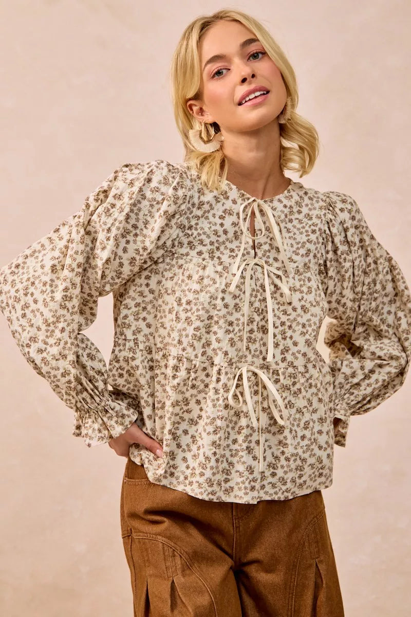 BiBi Floral Printed Peplum Blouse with Shirring and Tied - Tigbul's Variety Fashion Shop