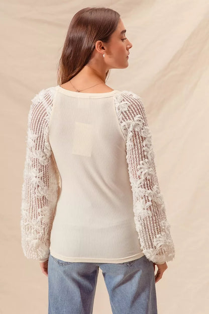 SO ME Rib Knit Top with Lace Balloon Sleeves - Tigbul's Variety Fashion Shop