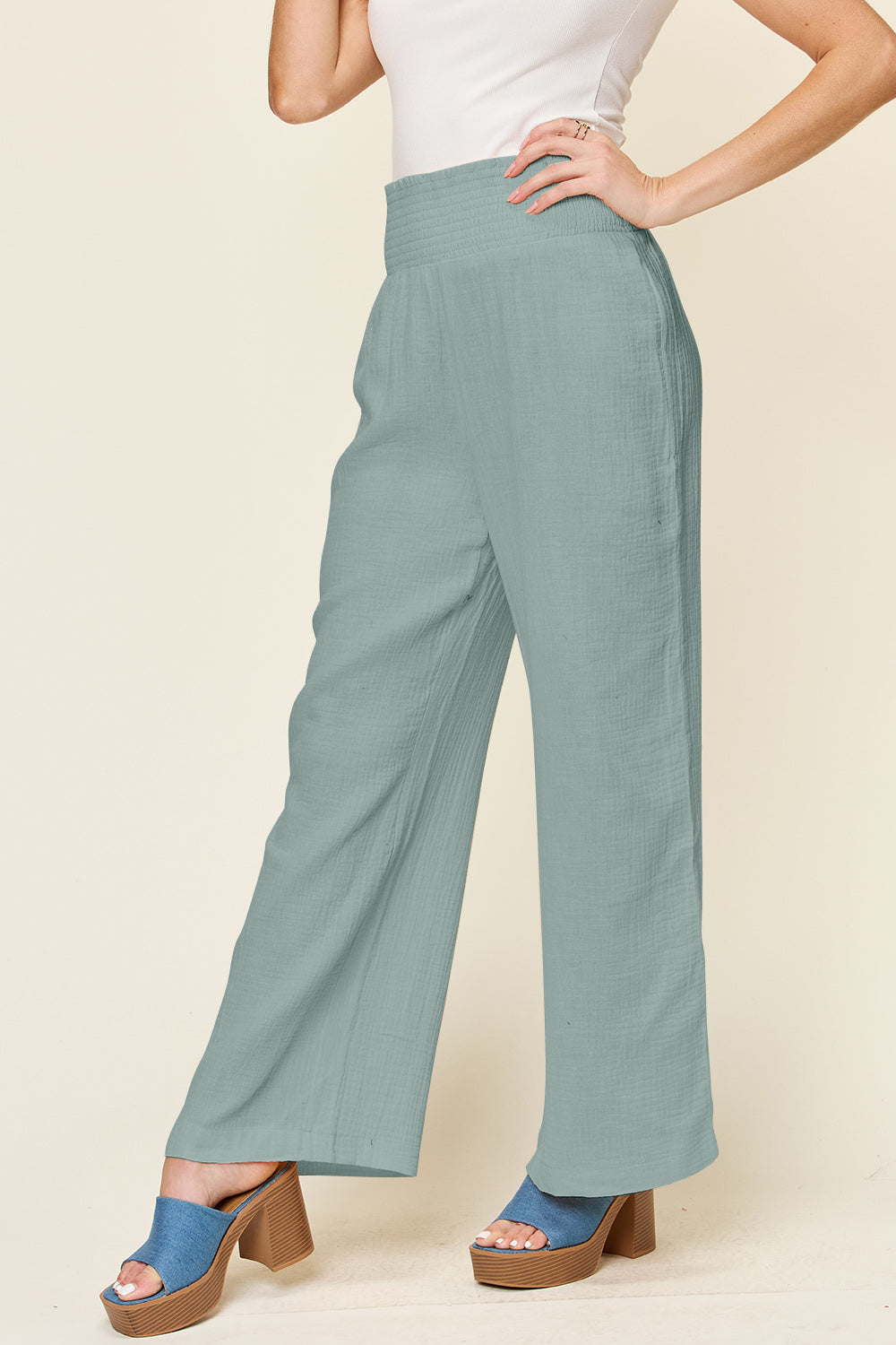 Double Take Full Size Texture Smocked Waist Wide Leg Pants - Tigbuls Variety Fashion