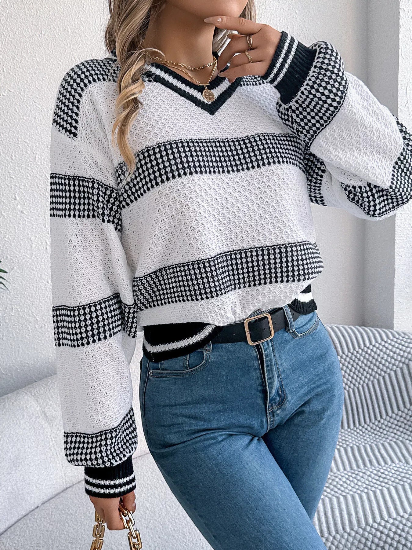 Contrast Striped V-Neck Sweater - Tigbul's Variety Fashion Shop
