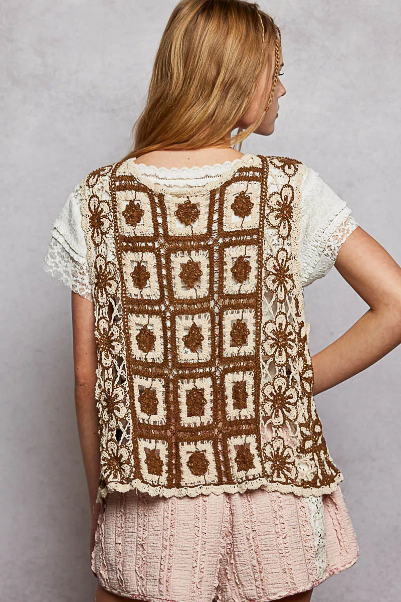 POL Tie Front Floral Pattern Crochet Vest with Scalloped Edge - Tigbul's Variety Fashion Shop