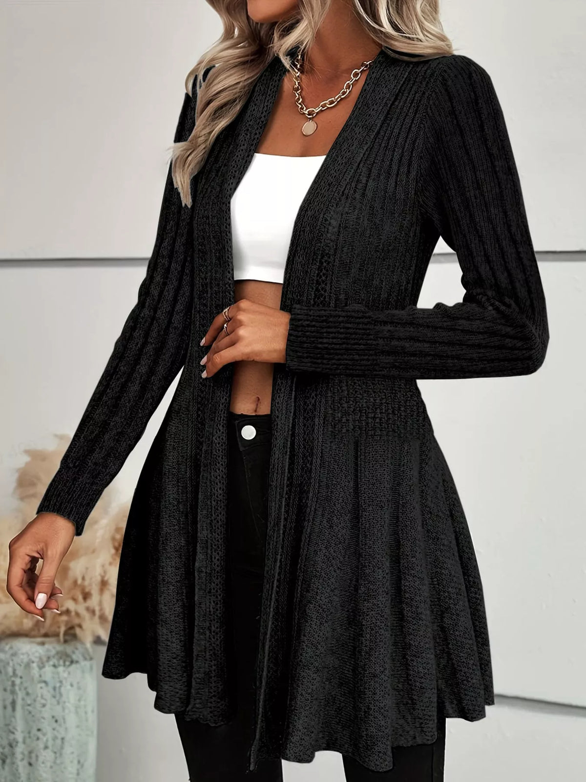 Elegant Ribbed Knit Open Front Flared Cardigan | Tigbuls Variety