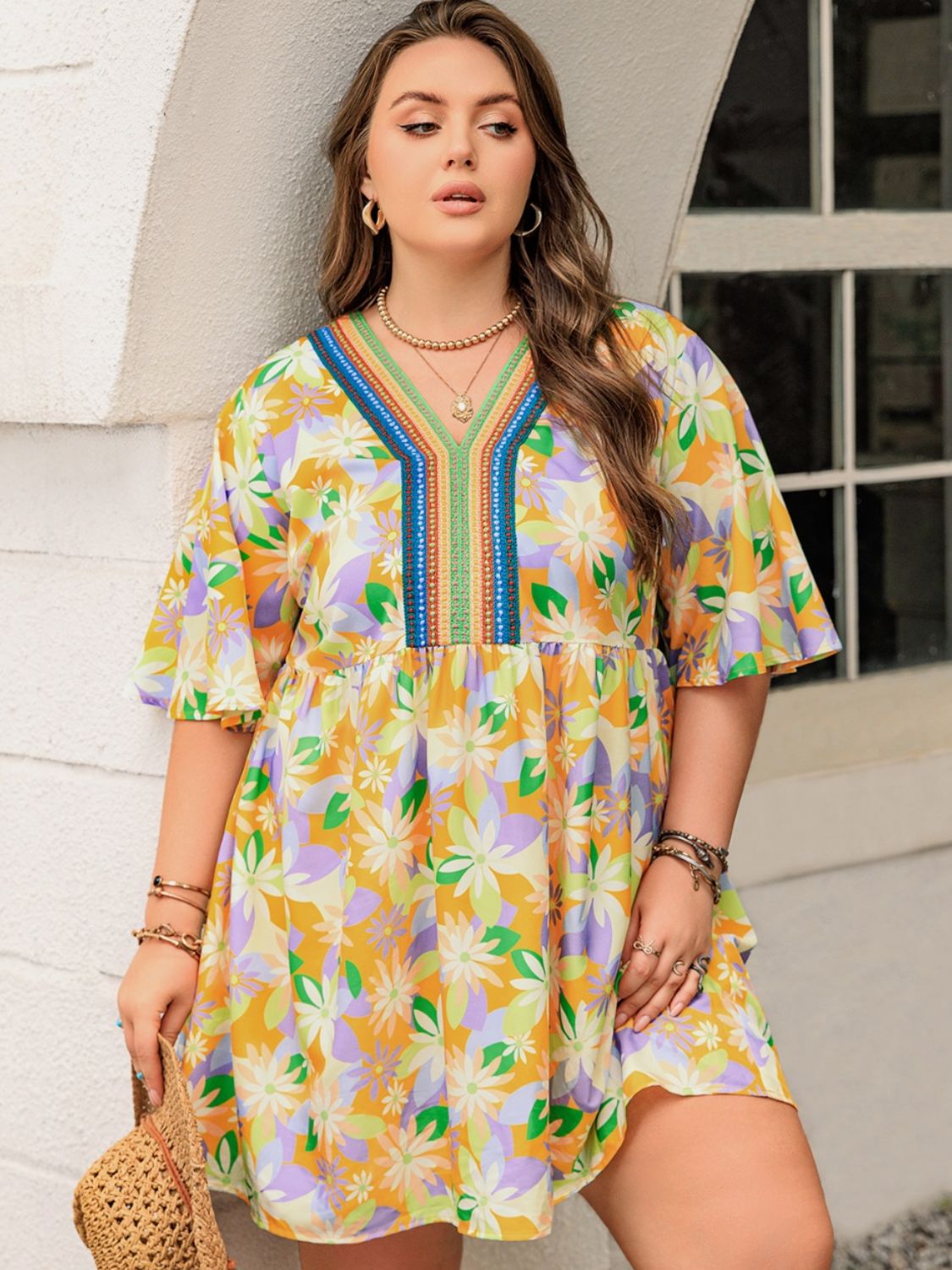 Plus Size Printed V-Neck Half Sleeve Mini Dress - Tigbul's Variety Fashion Shop