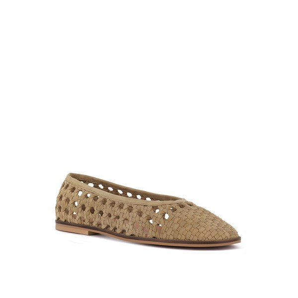 Tan suede ballet flats with perforated dotted detail and tan rubber sole