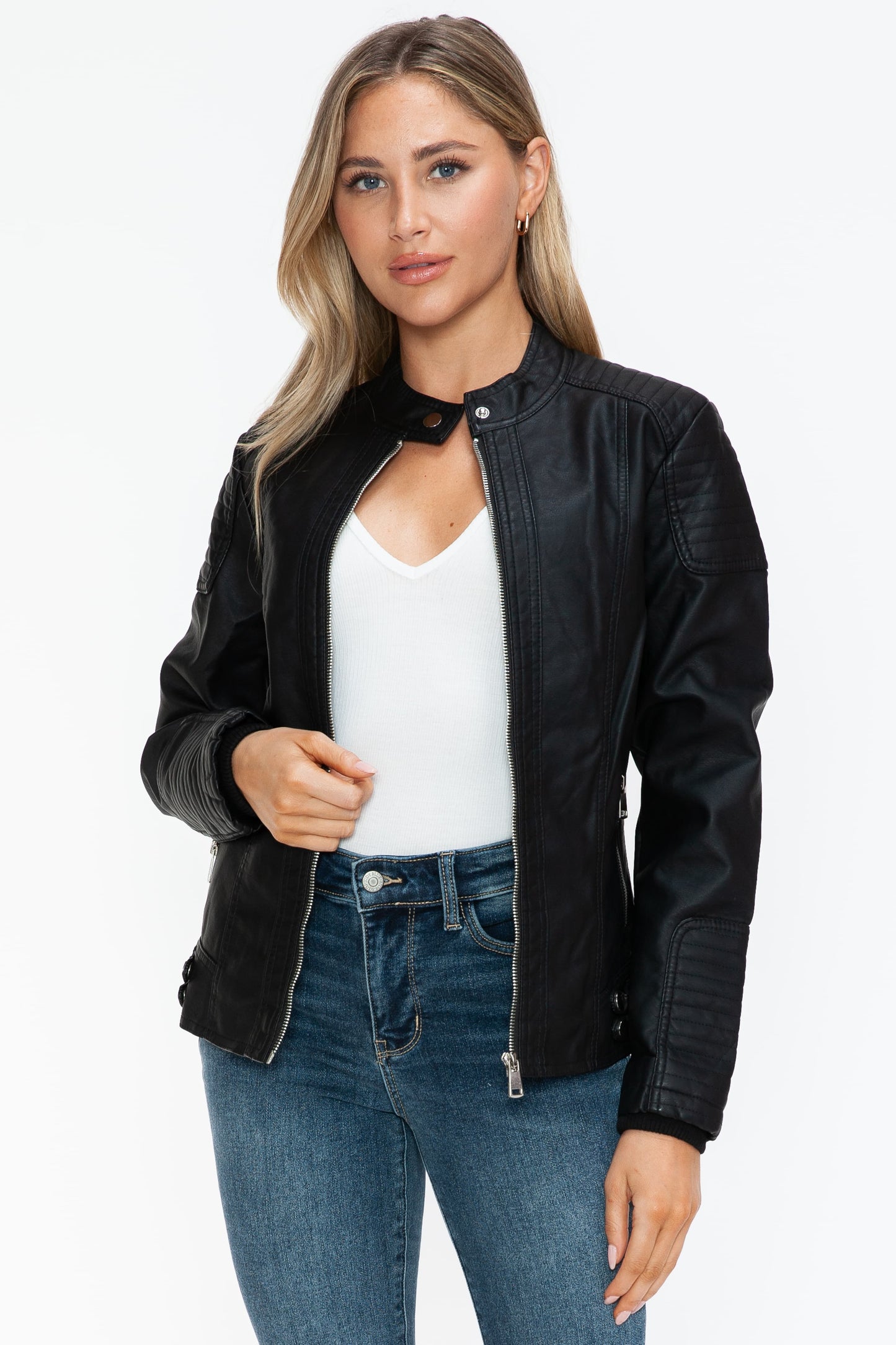 Black Faux Leather Biker Jacket with Side Zip Pockets