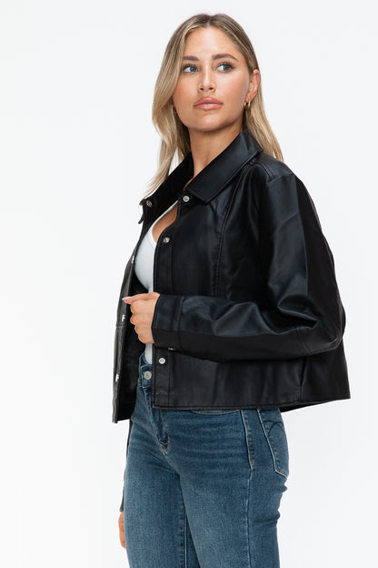 Black Snap Down Long Sleeve PU Leather Jacket