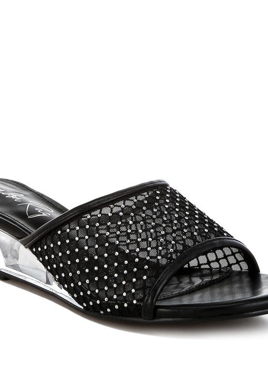 Black rhinestone mesh mule slide sandal with clear wedge heel and open toe