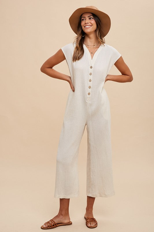 Cream Color Button Detail Wide Leg Jumpsuit with Pockets - Tigbul's Variety Fashion Shop