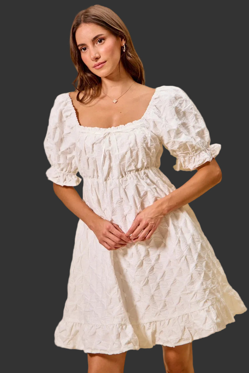 Off-white mini dress with ruched bust, textured woven fabric, square neck and puff sleeves