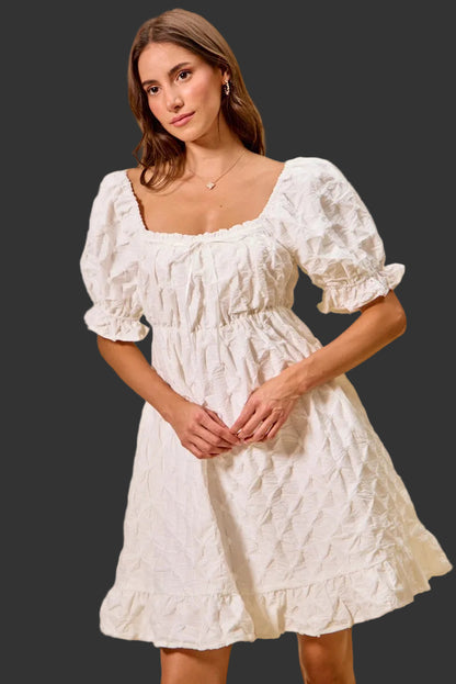 Off White Texture Woven Ruching On Bust Mini Dress - Tigbul's Variety Fashion Shop