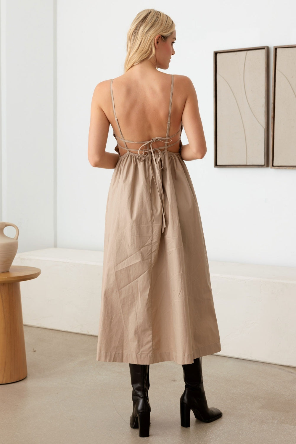 Taupe Tie Back Backless Cami Dress - Tigbul's Variety Fashion Shop