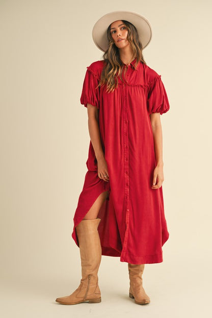 Deep Red Mineral Washed Button Down Puff Sleeve Shirt Dress - Tigbul's Variety Fashion Shop