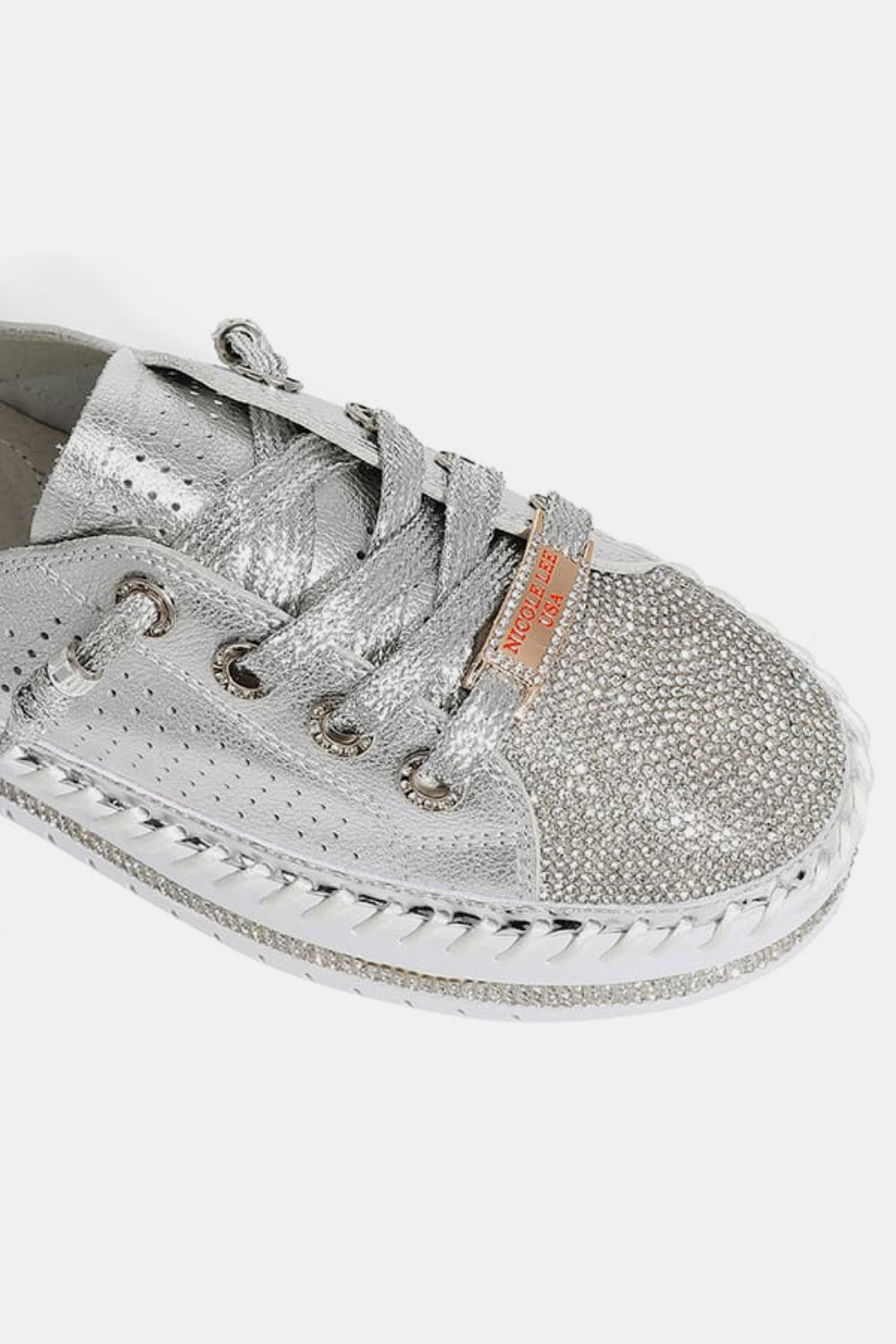 Silver Rhinestone Round Toe Platform Slip On Shoes | Tigbuls