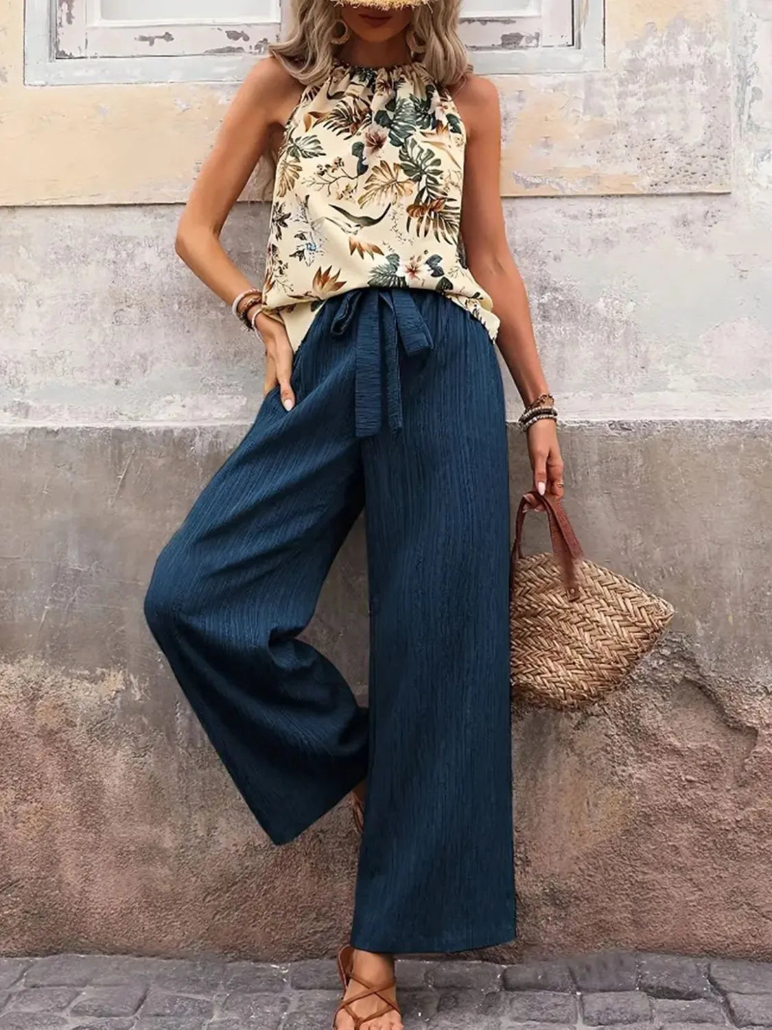 Printed Tank Top and Wide Leg Pants Set - Tigbul's Variety Fashion Shop