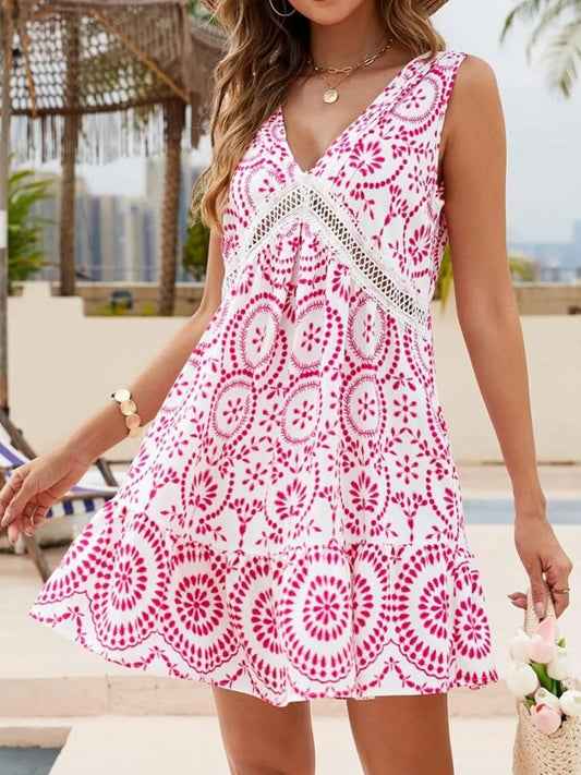 Printed V-Neck Sleeveless Mini Dress - Tigbul's Variety Fashion Shop