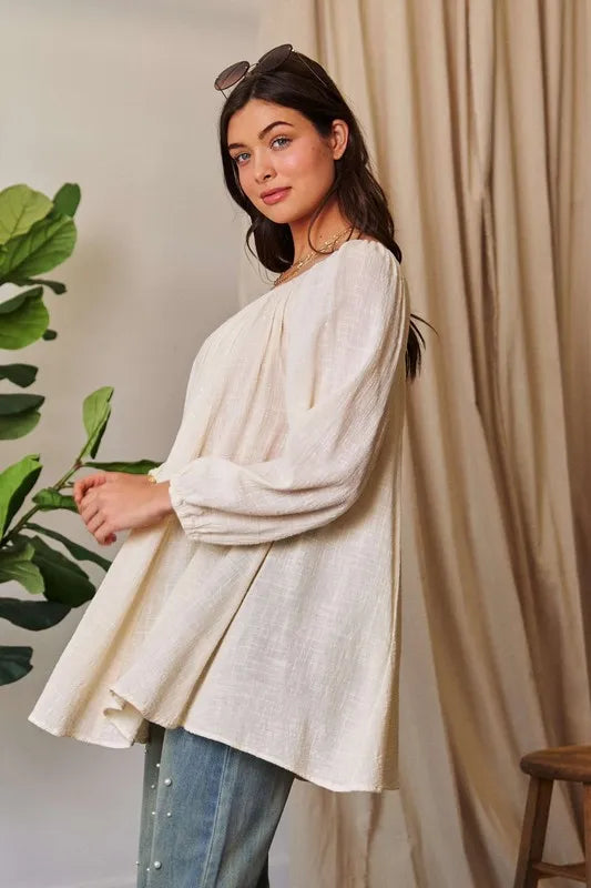 White Crinckled Texture Fabric Round Neck Swing Top - Tigbul's Variety Fashion Shop