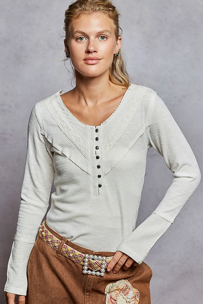 POL Ribbed Half Button Lace Detail Knit Top - Tigbul's Variety Fashion Shop