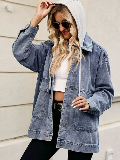 Oversized Button Up Denim Jacket with Hood - Tigbul's Variety Fashion Shop