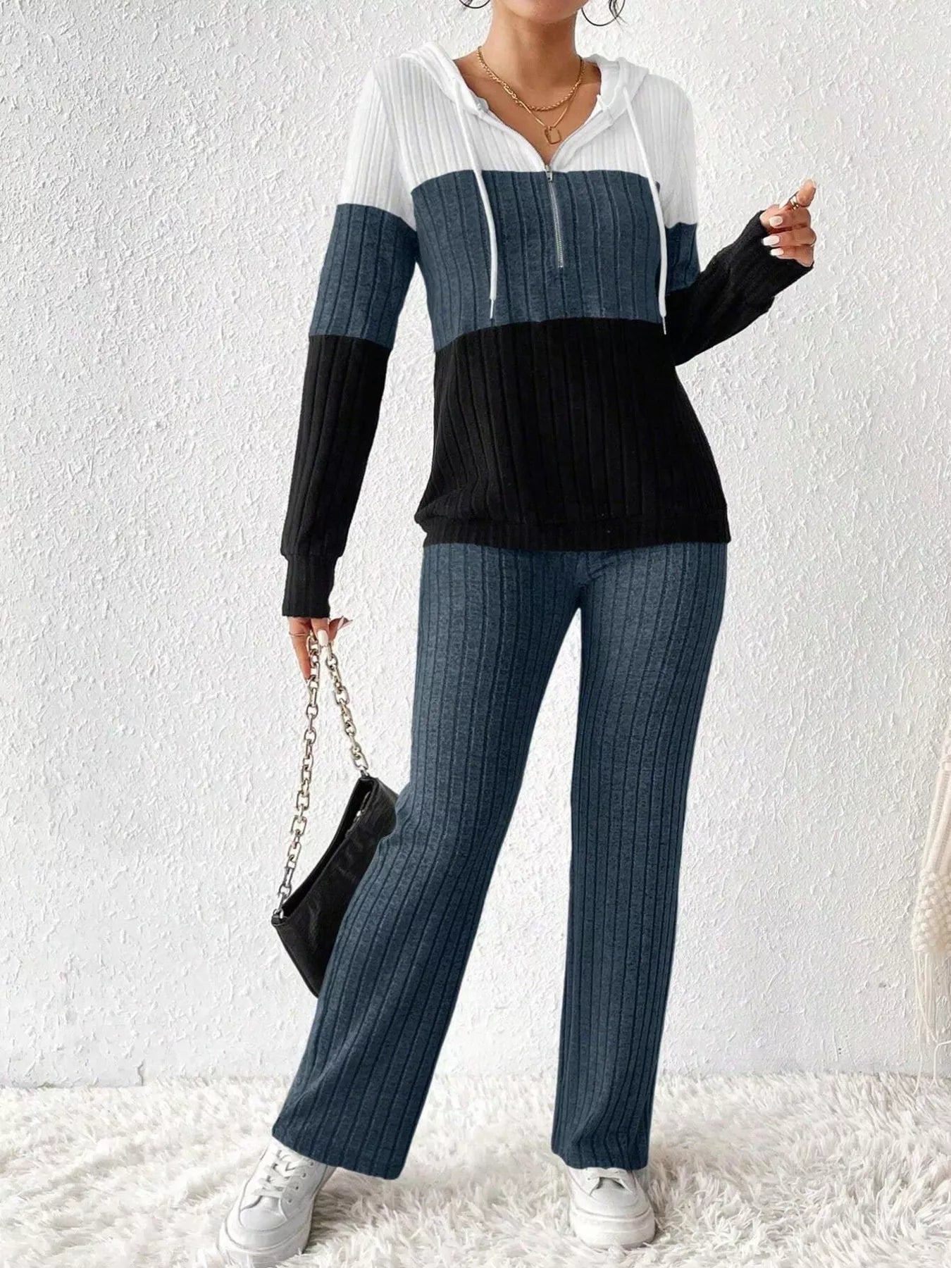 Color Block Half Zip Hooded Top and Pants Set - Tigbul's Variety Fashion Shop
