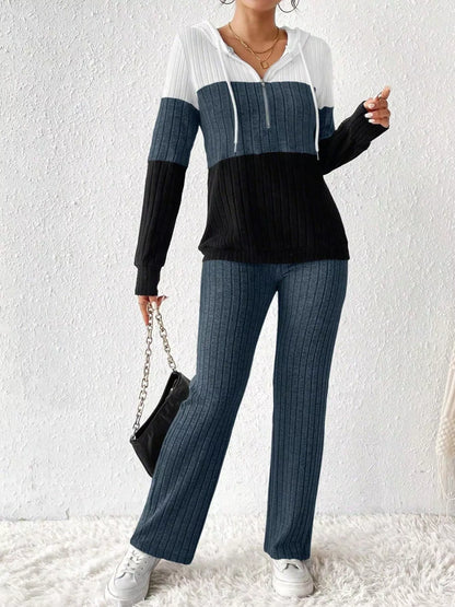 Color Block Half Zip Hooded Top and Pants Set - Tigbul's Variety Fashion Shop
