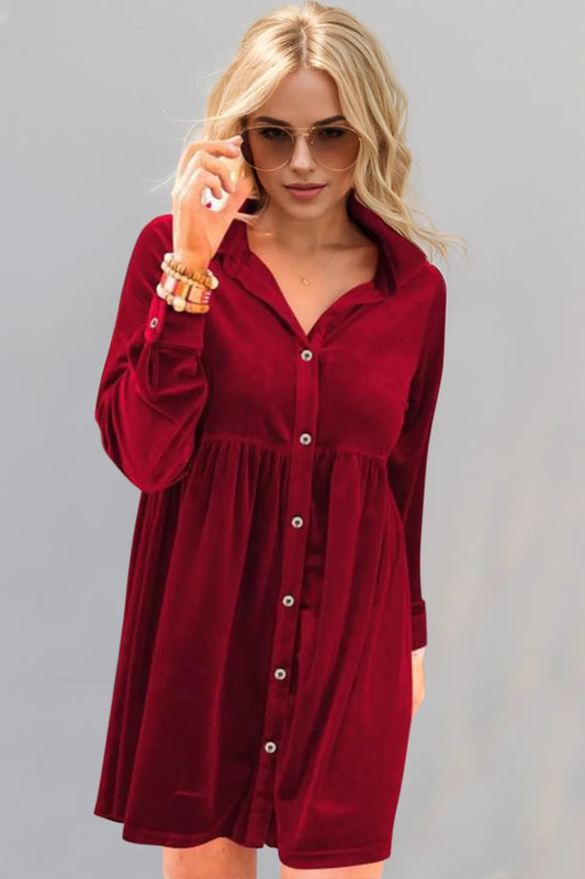 Collared Neck Long Sleeve Mini Dress - Tigbul's Variety Fashion Shop