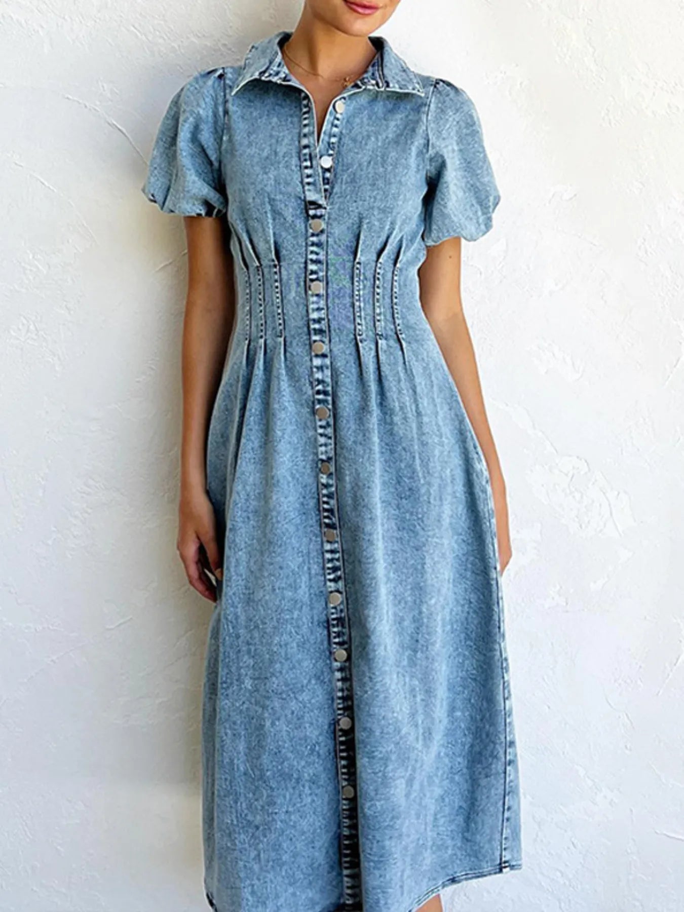 Puff Sleeve Button Front Denim Midi Dress - Tigbul's Variety Fashion Shop