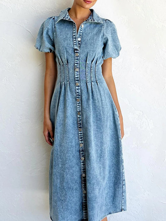Puff Sleeve Button Front Denim Midi Dress - Tigbul's Variety Fashion Shop