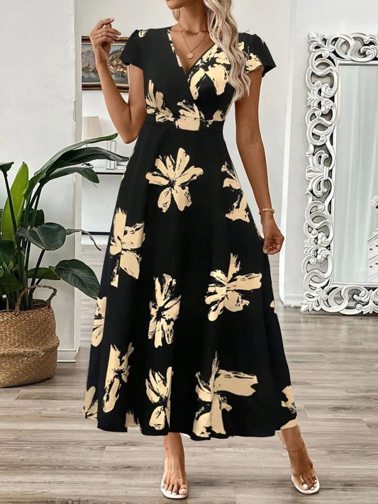 Surplice Short Sleeve Midi Dress - Tigbul's Variety Fashion Shop