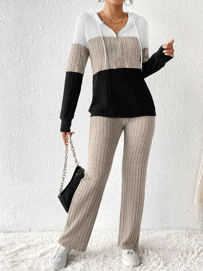 Color Block Half Zip Hooded Top and Pants Set - Tigbul's Variety Fashion Shop