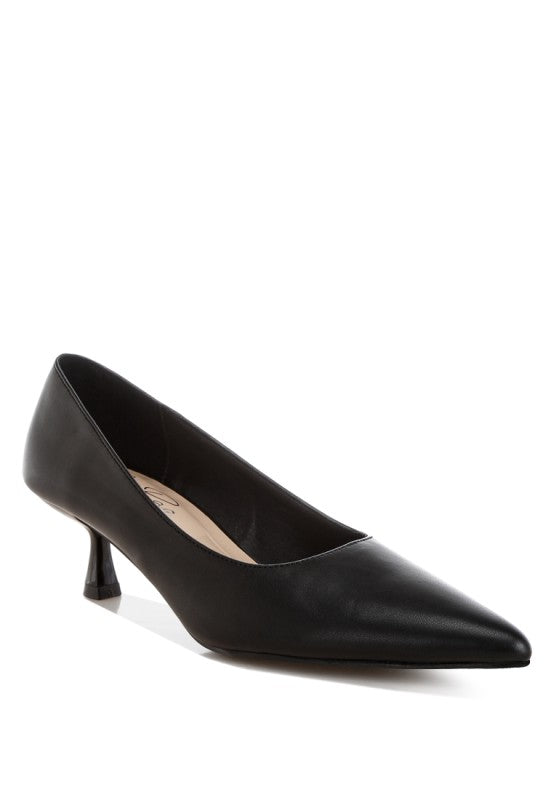 Black pointed-toe pump heels with smooth leather-look upper and mid-high stiletto heel