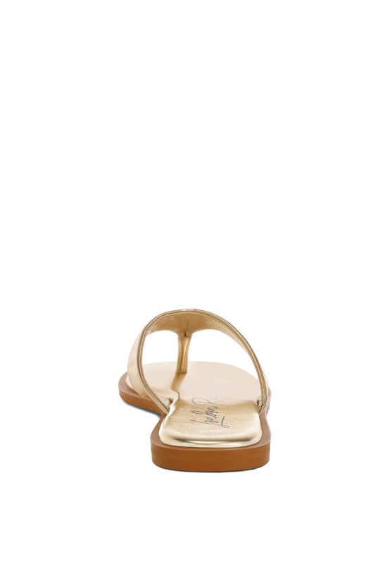 Gold metallic thong flats, heel and back view with flat sole