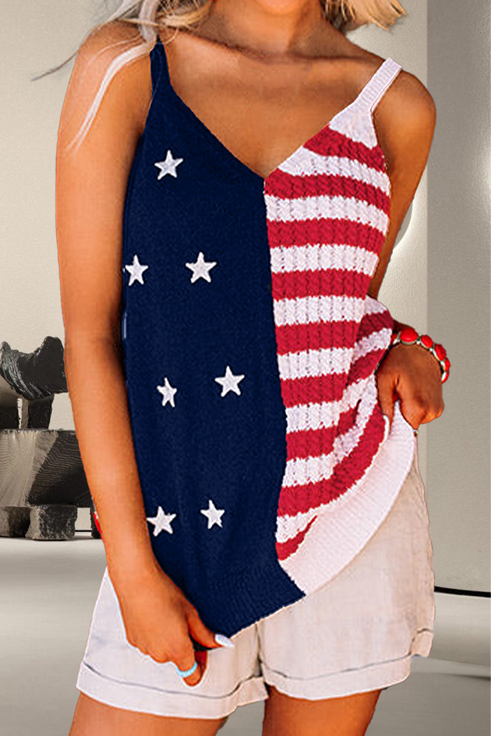 US Flag Theme V-Neck Knit Cami - Tigbul's Variety Fashion Shop