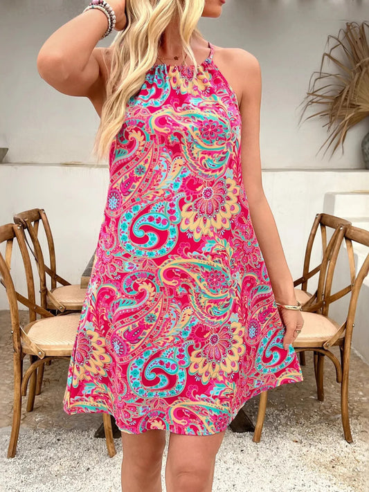 Pink Paisley Print Halter Summer Dress - Tigbul's Variety Fashion Shop