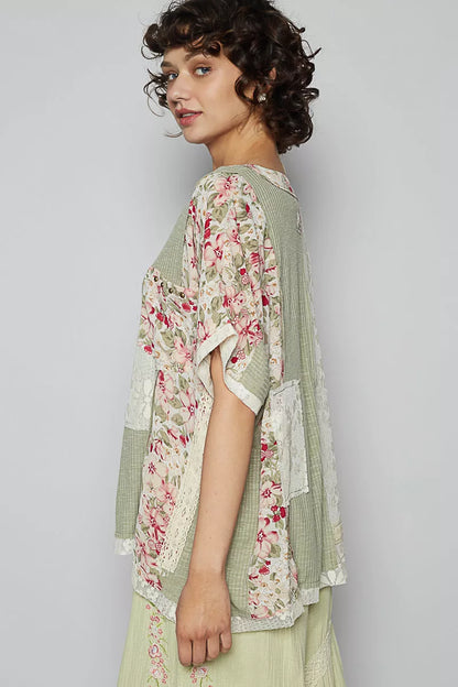 POL Lace Round Neck Short Sleeve Floral Pattern Top with Patch Detail - Tigbul's Variety Fashion Shop